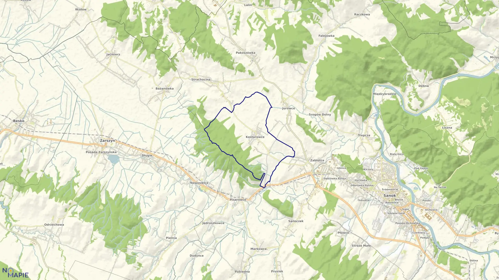 Mapa obrębu Kostarowce w gminie Sanok