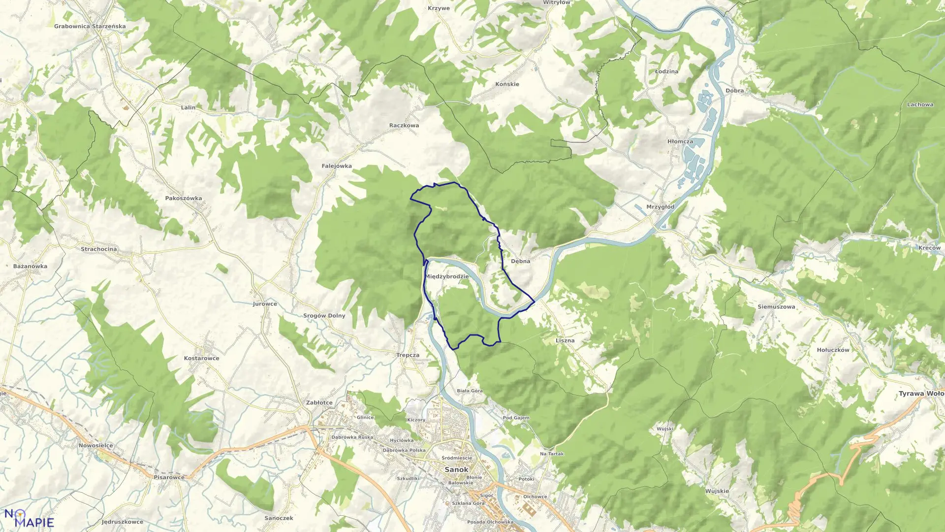 Mapa obrębu Międzybrodzie w gminie Sanok