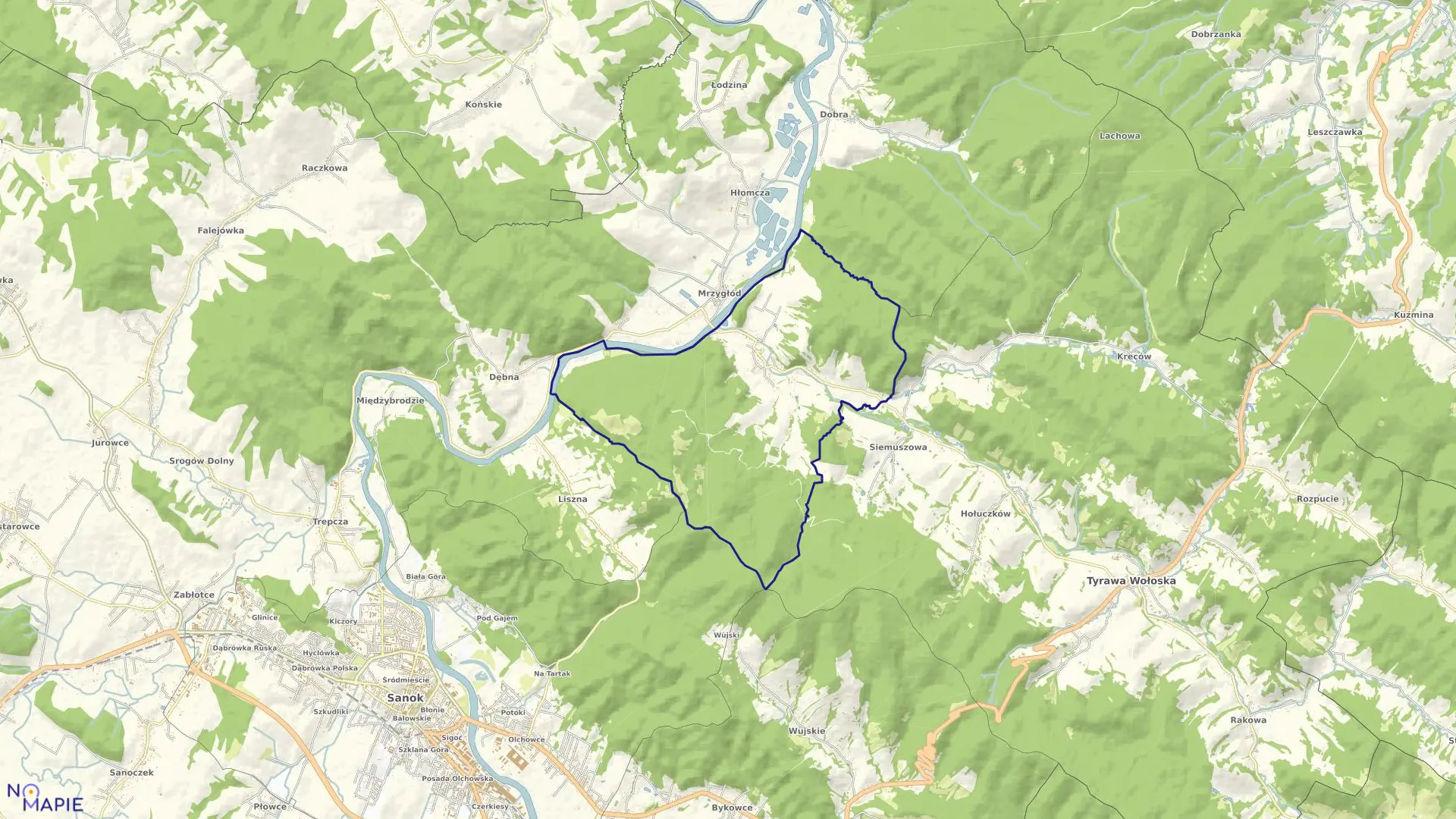 Mapa obrębu Tyrawa Solna w gminie Sanok