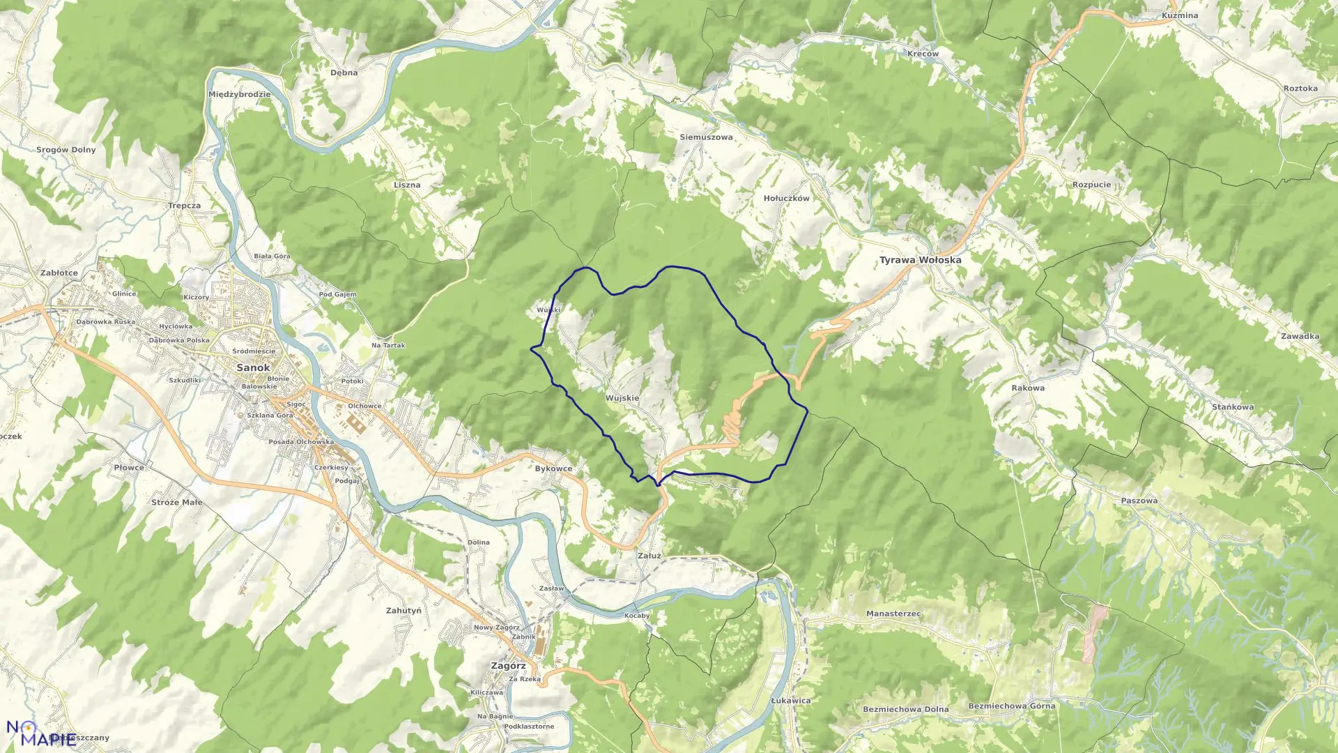 Mapa obrębu Wujskie w gminie Sanok