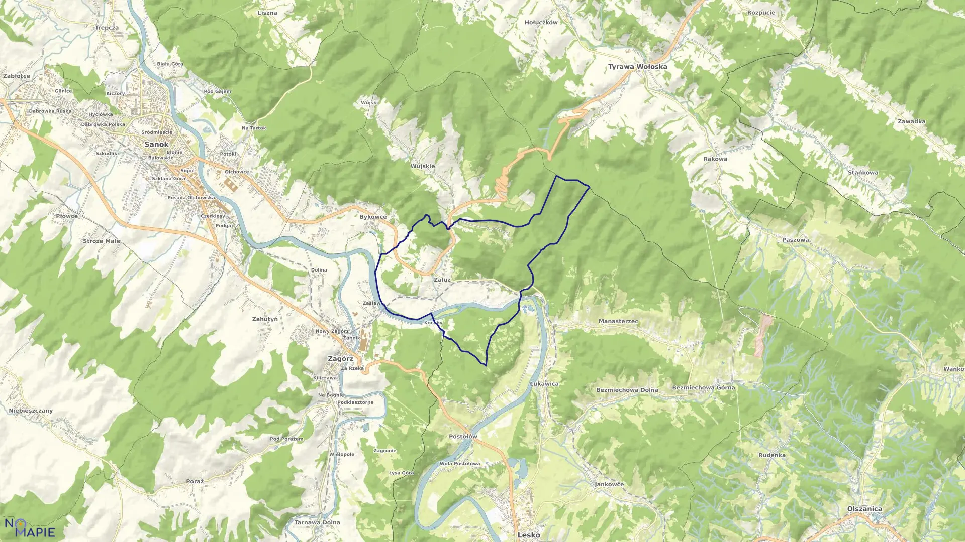 Mapa obrębu Załuż w gminie Sanok